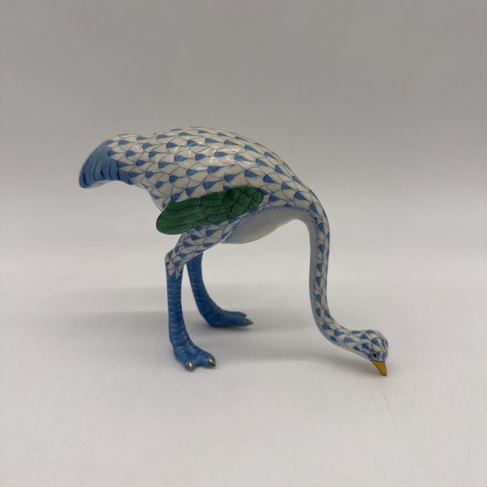 Herend Ostrich Blue Fishnet Figurine Green Wings Gold Accents Hungary